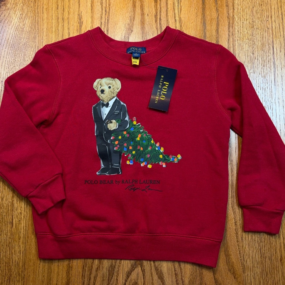 Polo Ralph Lauren Sweatshirt Kids Size 6 Red Holiday Polo Bear Christmas Tree